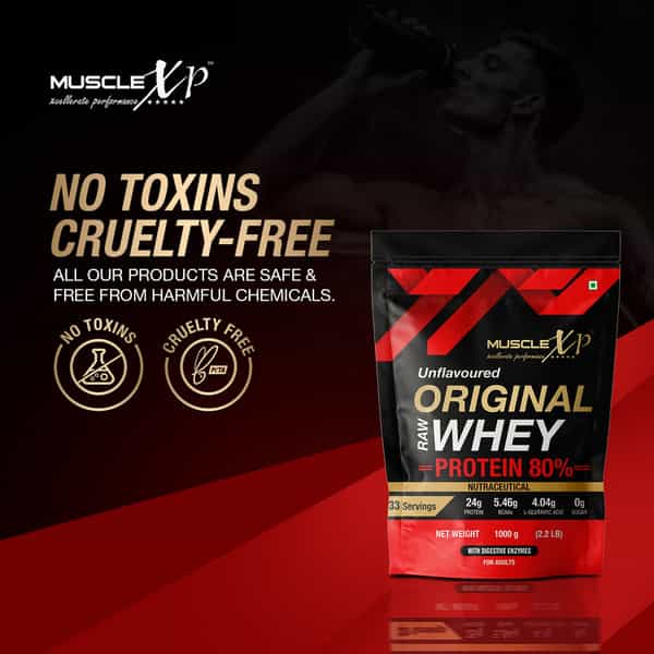 Musclexp Raw Whey Protein Concentrate 80% Powder With Digestive Enzymes 1Kg (2.2Lb) + Shaker