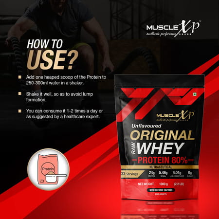 Musclexp Raw Whey Protein Concentrate 80% Powder With Digestive Enzymes 1kg (2.2lb) + Shaker