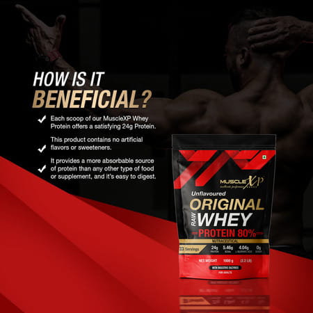 Musclexp Raw Whey Protein Concentrate 80% Powder With Digestive Enzymes 1kg (2.2lb) + Shaker