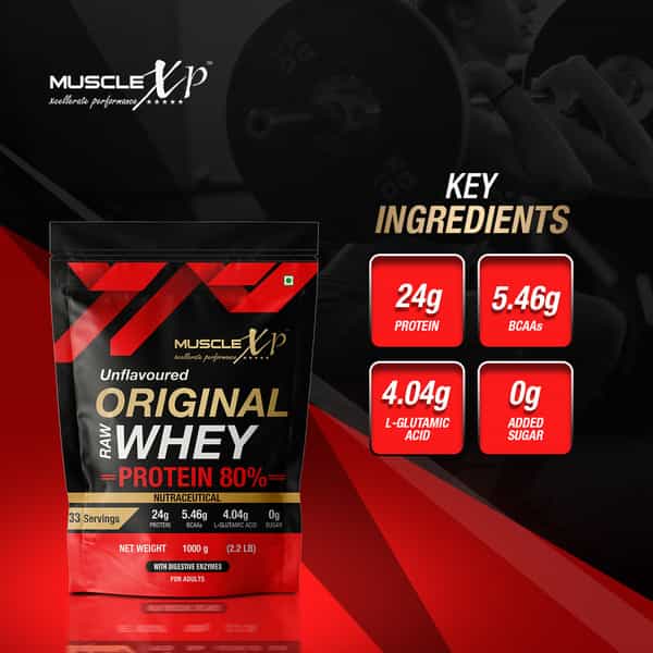 Musclexp Raw Whey Protein Concentrate 80% Powder With Digestive Enzymes 1Kg (2.2Lb) + Shaker