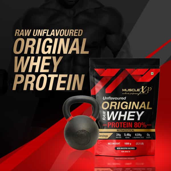 Musclexp Raw Whey Protein Concentrate 80% Powder With Digestive Enzymes 1Kg (2.2Lb) + Shaker