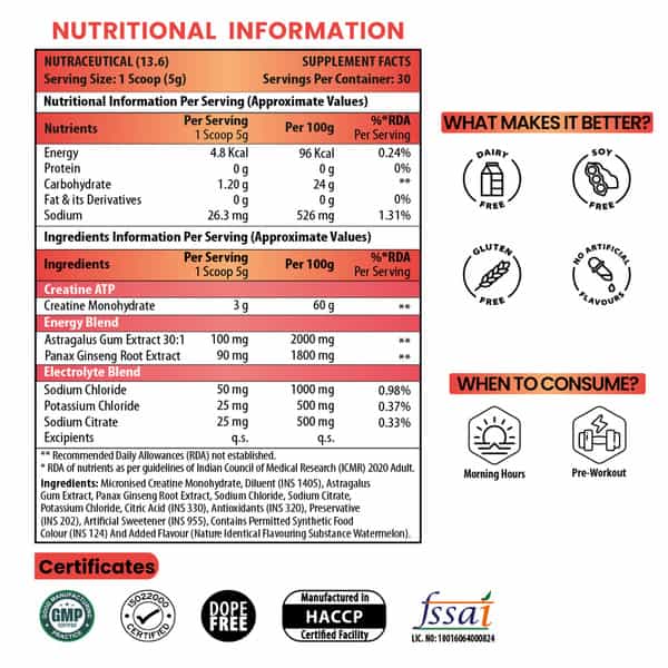 Naturyz Creatine Atp Energy Blast With 3G Creatine | Energy Blend & Electrolytes -150G(Watermelon)