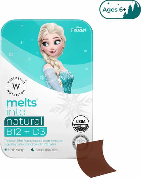 Wellbeing Nutrition Frozen Elsa Melts - Kids Vitamin B12 | D3+K2 - Exotic Mango (30 Strips)