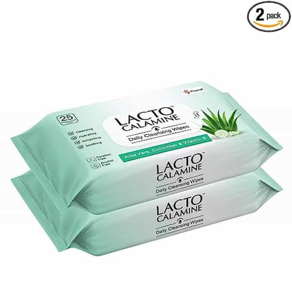Lacto Calamine Daily Cleansing Face Cleansing Wipes With Aloe Vera (25 Wipes). Wipes - Pack Of 6