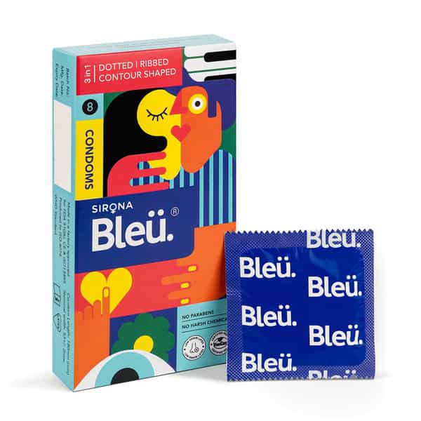Bleu 3-In-1 Dotted | Ribbed & Contour Shaped Condoms | Extra Sensitive Skin|Men|Vegan Condom|8 Count