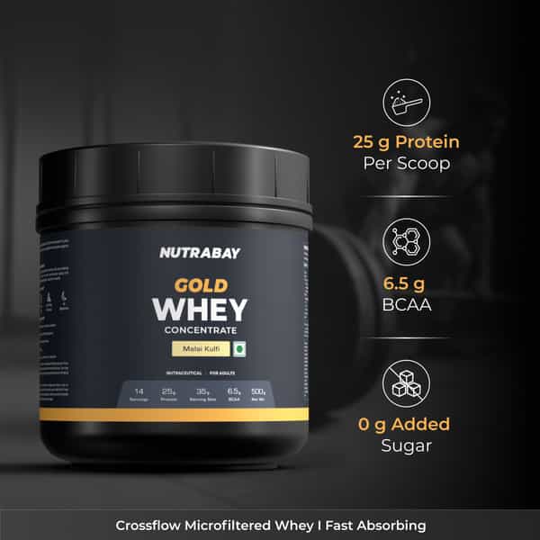 Nutrabay Gold 100% Whey Protein Concentrate|25G Protein|Muscle Support & Recovery|Malai Kulfi | 500G