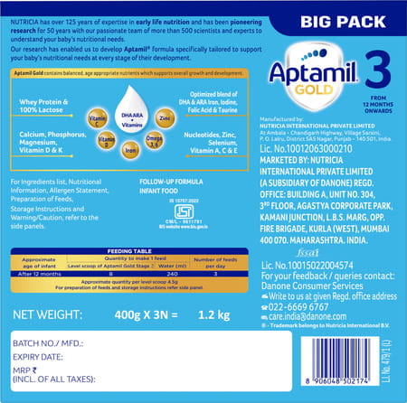 Aptamil Gold Follow Up Formula Stage - 3 (From 12 Months Onwards) Box 1.2 Kg