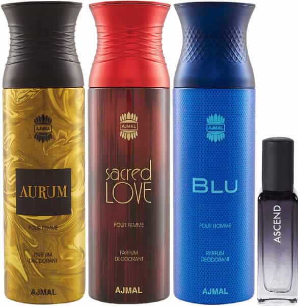 Ajmal Aurum & Blu & Sacred Love Deo Each 200Ml & Ascend Edp 20Ml Pack Of 4 For Men & Women