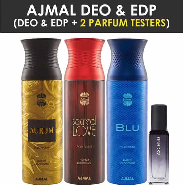 Ajmal Aurum & Blu & Sacred Love Deo Each 200Ml & Ascend Edp 20Ml Pack Of 4 For Men & Women