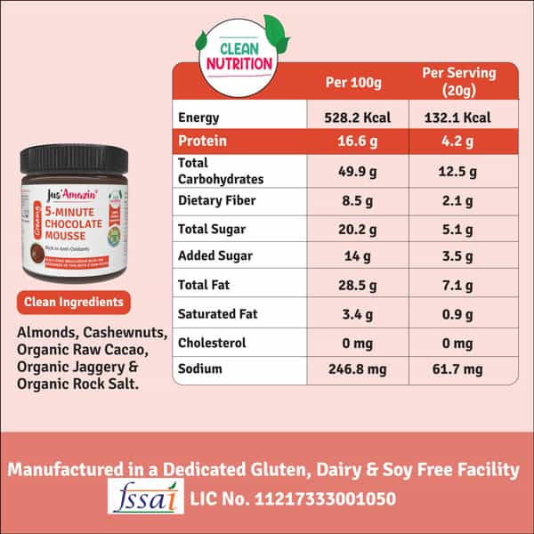 Jus Amazin 5-Minute Chocolate Mousse (200G)|Clean Nutrition |70% Nuts (Almonds & Cashewnuts)