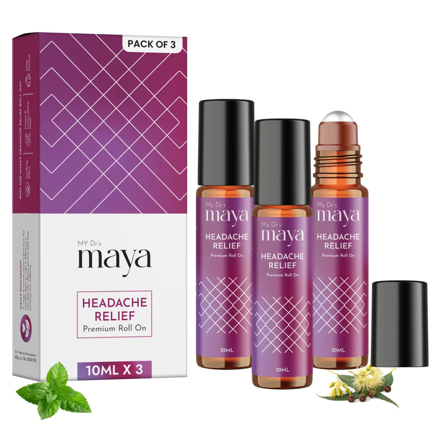 Maya Aromatherapy Headache Relief Premium Roll On Pure Essential Oils Reduces Stress | Pack Of 3