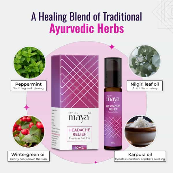 Maya Aromatherapy Headache Relief Premium Roll On Pure Essential Oils Reduces Stress | Pack Of 3