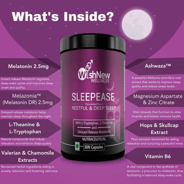 Wishnew Wellness Sleepease: Restful And Deep Sleep Support With Natural Melatonin And Herbal Blend