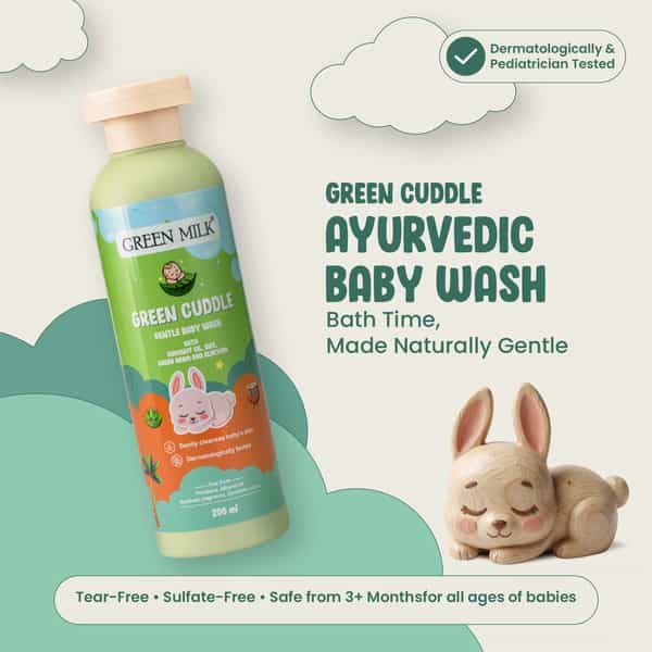 Green Milk Green Cuddle Baby Wash With Rice | Aloe Vera & Coconut Oil | Gentle Care | 200 Ml