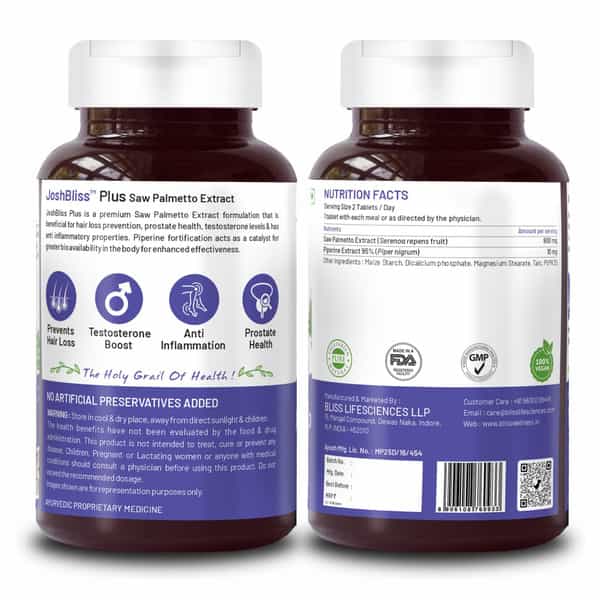 Bliss Welness Saw Palmetto For Hair Growth Prostate Ayurvedic Dht Blocker - 60 Veg Tablets|Pack Of 2