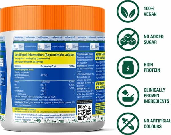 Fast&Up Wheatgrass- Barley Grass & Alfalfa Powder-Ayurvedic Supplement To Restore Ph Balance & Detox