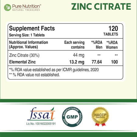 Pure Nutrition Zinc Citrate 44Mg - 120 Tablets