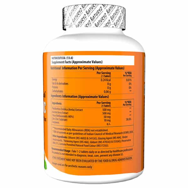 Naturyz Double Strength Natural Plant Vitamin C & Zinc Supplement 1250 Mg For Immunity (60 Tablets)