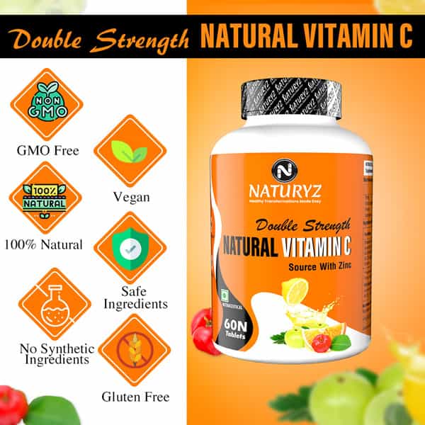 Naturyz Double Strength Natural Plant Vitamin C & Zinc Supplement 1250 Mg For Immunity (60 Tablets)