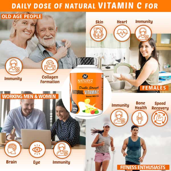 Naturyz Double Strength Natural Plant Vitamin C & Zinc Supplement 1250 Mg For Immunity (60 Tablets)