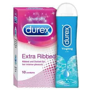 Durex Extra Ribbed Condoms 10 Count With Durex Lube Tingling Lubricant Gel For Men & Women - 50ml