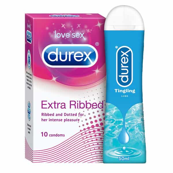 Durex Extra Ribbed Condoms 10 Count With Durex Lube Tingling Lubricant Gel For Men & Women - 50Ml