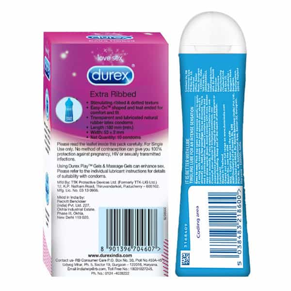 Durex Extra Ribbed Condoms 10 Count With Durex Lube Tingling Lubricant Gel For Men & Women - 50Ml