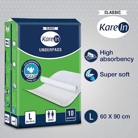 Kare In Classic High Absorbency Underpads Unisex Large(60-90cm) Pack Of 10