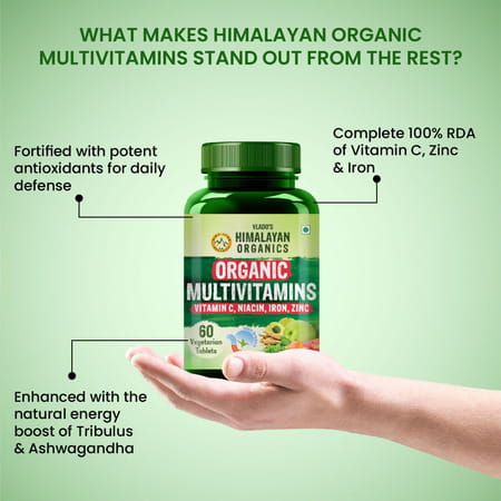 Vlado's Himalayan Organics Organic Multivitamins | Iron Zinc Vitamin C & Niacin - 60 Veg Tablets