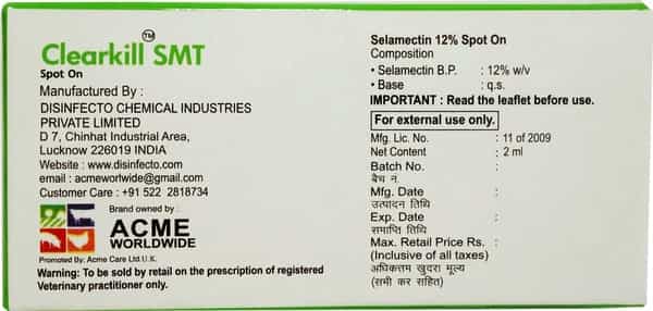 Clearkill Smt Selamectin 12% Spot On For Flea Ear Mite Roundworm - 2 Ml