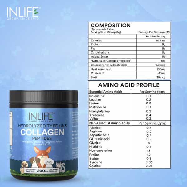 Inlife Collagen For Dogs & Cats| Hydrolyzed Collagen Powder For Skin, Coat, Joints | 200G, Blueberry