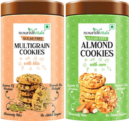 Nourishvitals Multigrain Sugar Free Cookies + Almond Heavenly Bites Source Of Protein 120g Each