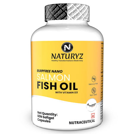 Naturyz Burpfree Salmon Fish Oil 2000 Mg With Vitamin D3 For Skin, Eyes, Heart & Brain (60 Softgels)