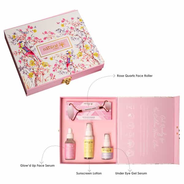 Natural Vibes Glow Getter Gift Set With Rose Quartz Face Roller | Sunscreen | Serum & Under Eye Gel