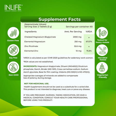 Inlife Magnesium Glycinate With Zinc Picolinate Tablets 2000mg | Chelated High Absorption | 60n
