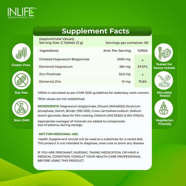 Inlife Magnesium Glycinate With Zinc Picolinate Tablets 2000Mg | Chelated High Absorption | 60N
