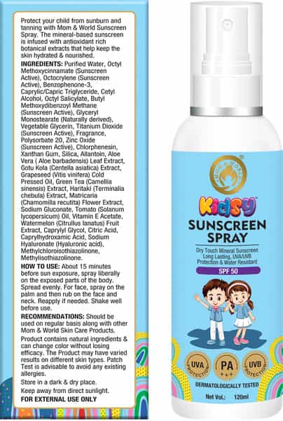 Mom & World Mineral Based Kids Sunscreen Spray Spf 50 Water Resistant 120 Ml