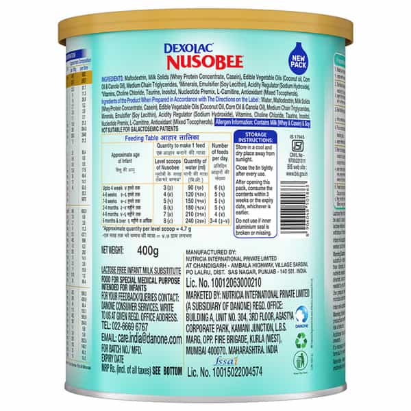 Dexolac Nusobee | Lactose Free | Infant Milk Substitute | Upto 24 Months | Powder | Tin 400 Gm