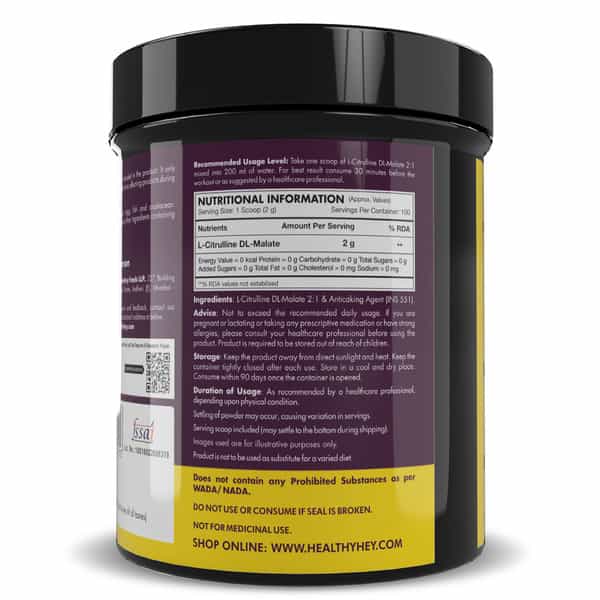 Healthyhey Sports Citrulline Malate 2:1- 200 Grams 100 Servings Unflavoured 200G