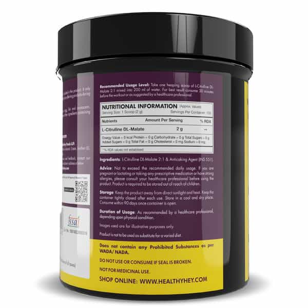 Healthyhey Sports Citrulline Malate 2:1- 200 Grams 100 Servings Unflavoured 200G