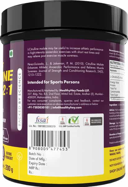 Healthyhey Sports Citrulline Malate 2:1- 200 Grams 100 Servings Unflavoured 200G