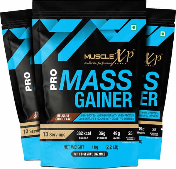Musclexp Pro Mass Gainer Belgium Chocolate 1Kg Pouch (2.2 Lb) (Pack Of 3)