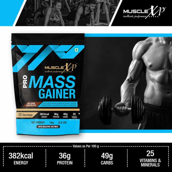 Musclexp Pro Mass Gainer Belgium Chocolate 1Kg Pouch (2.2 Lb) (Pack Of 3)