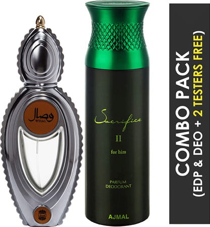 Ajmal Wisal Eau De Parfum 50ml Perfume For Women And Sacrifice Ii For Him Deodorant 200ml For Men