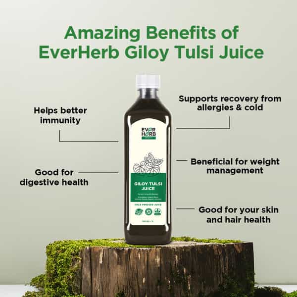 Everherb Giloy Tulsi Juice - Boost Body Defence System - Immunity Booster- 1L Bottle (By Pharmeasy)