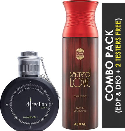 Maryaj Direction East Edp Spicy 100ml For Men And Ajmal Sacred Love Deodorant Musky 200ml For Women