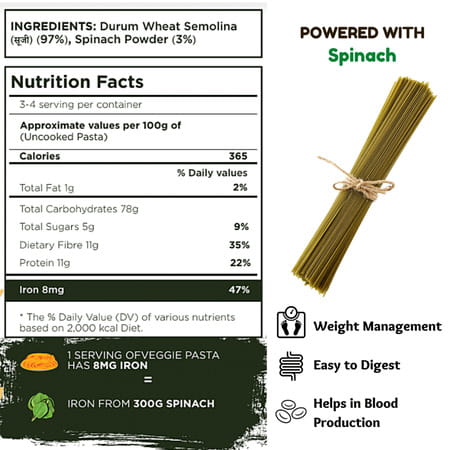 Long & Short Healthy Spaghetti Pasta | Veggie - Spinach Pasta No Maida | Pack Of 2 - 500g (250gx2)