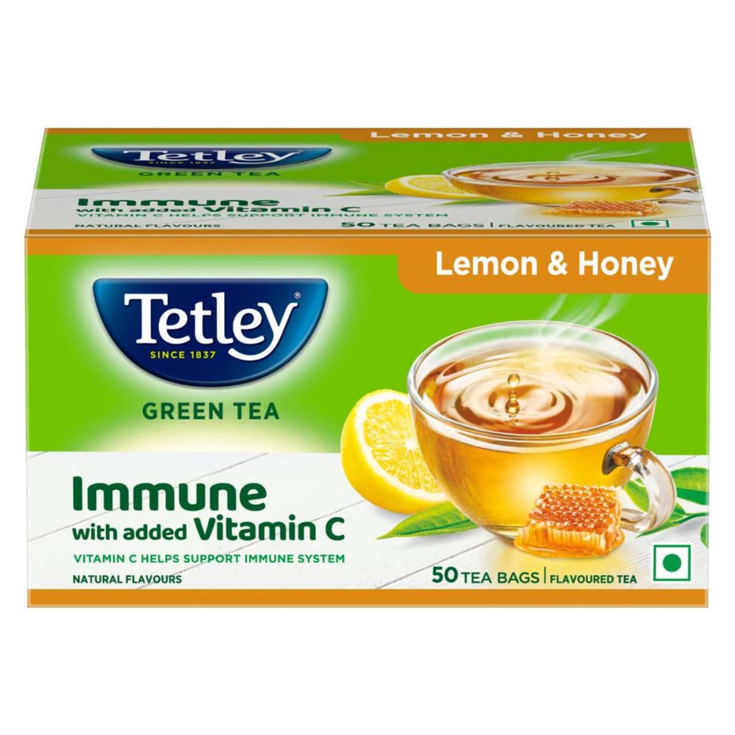 Tetley| Lemon & Honey Flavored Green Tea| Immune With Added Vitamin C| 50 Tea Bags