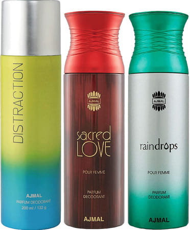 Ajmal 1 Distraction For Unisex 1 Sacred Love & 1 Raindrops For Women Deodorant Combo Pack Of 3-600ml