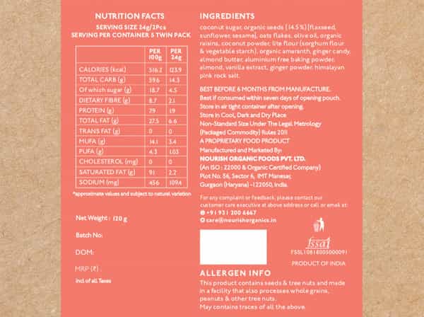 Nourish Organics Ginger Oats Cookies - 140Gms